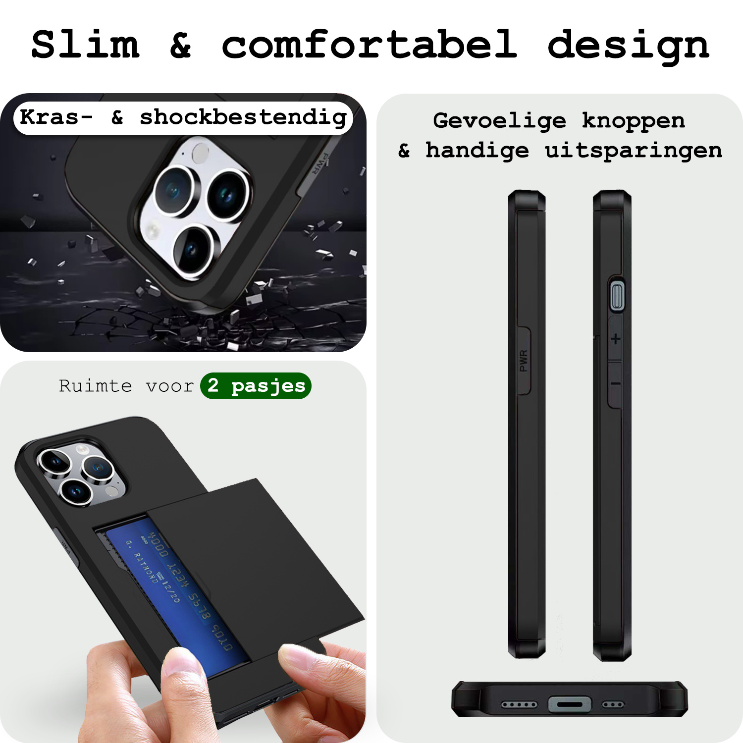 BASEY. Hoes Geschikt voor iPhone 16 Pro Max Hoesje Hard Case Met Pas Houder Met 2x Screenprotector - Hoesje Geschikt voor iPhone 16 Pro Max Hoes Shockproof Hard Cover Met Kaarthouder - Zwart