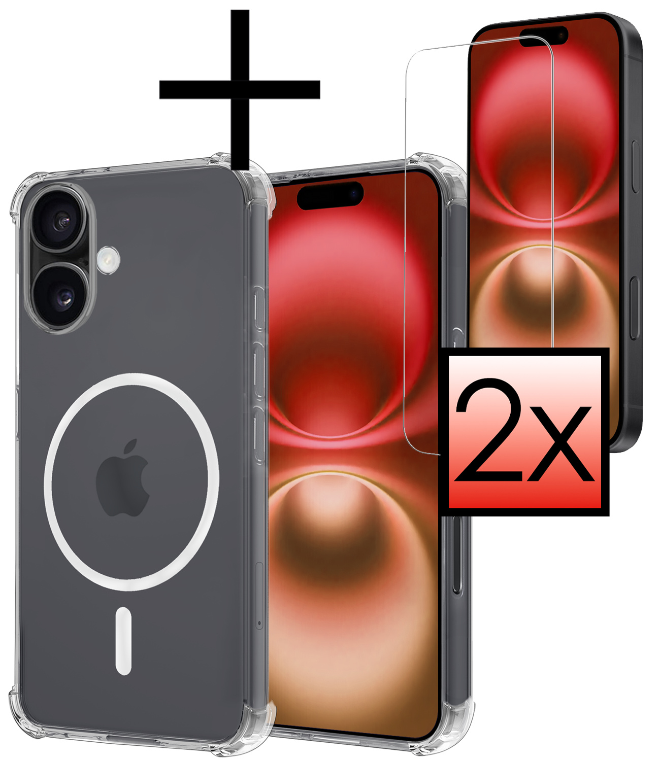 NoXx Hoes Geschikt voor iPhone 16 Hoesje Geschikt voor Magsafe Hoesje Cover Shock Proof Case Met 2x Screenprotector - Transparant