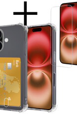 NoXx Hoes Geschikt voor iPhone 16 Hoesje Pasjeshouder Cover Shock Proof Case Siliconen Hoes Met Kaarthouder Met Screenprotector - Transparant