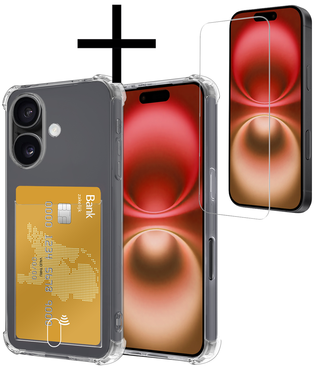 NoXx Hoes Geschikt voor iPhone 16 Plus Hoesje Pasjeshouder Cover Shock Proof Case Siliconen Hoes Met Kaarthouder Met Screenprotector - Transparant