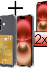 NoXx Hoes Geschikt voor iPhone 16 Plus Hoesje Pasjeshouder Cover Shock Proof Case Siliconen Hoes Met Kaarthouder Met 2x Screenprotector - Transparant