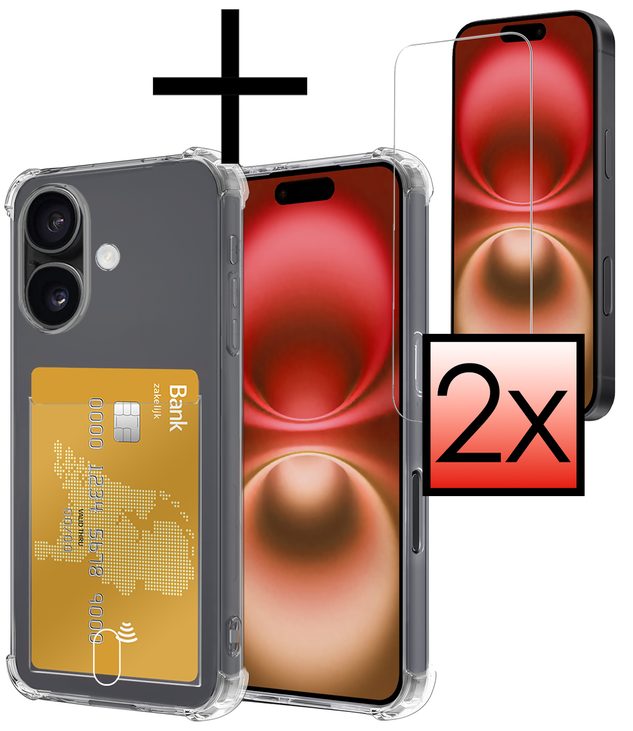 NoXx Hoes Geschikt voor iPhone 16 Plus Hoesje Pasjeshouder Cover Shock Proof Case Siliconen Hoes Met Kaarthouder Met 2x Screenprotector - Transparant