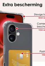 NoXx Hoes Geschikt voor iPhone 16 Plus Hoesje Pasjeshouder Cover Shock Proof Case Siliconen Hoes Met Kaarthouder Met 2x Screenprotector - Transparant