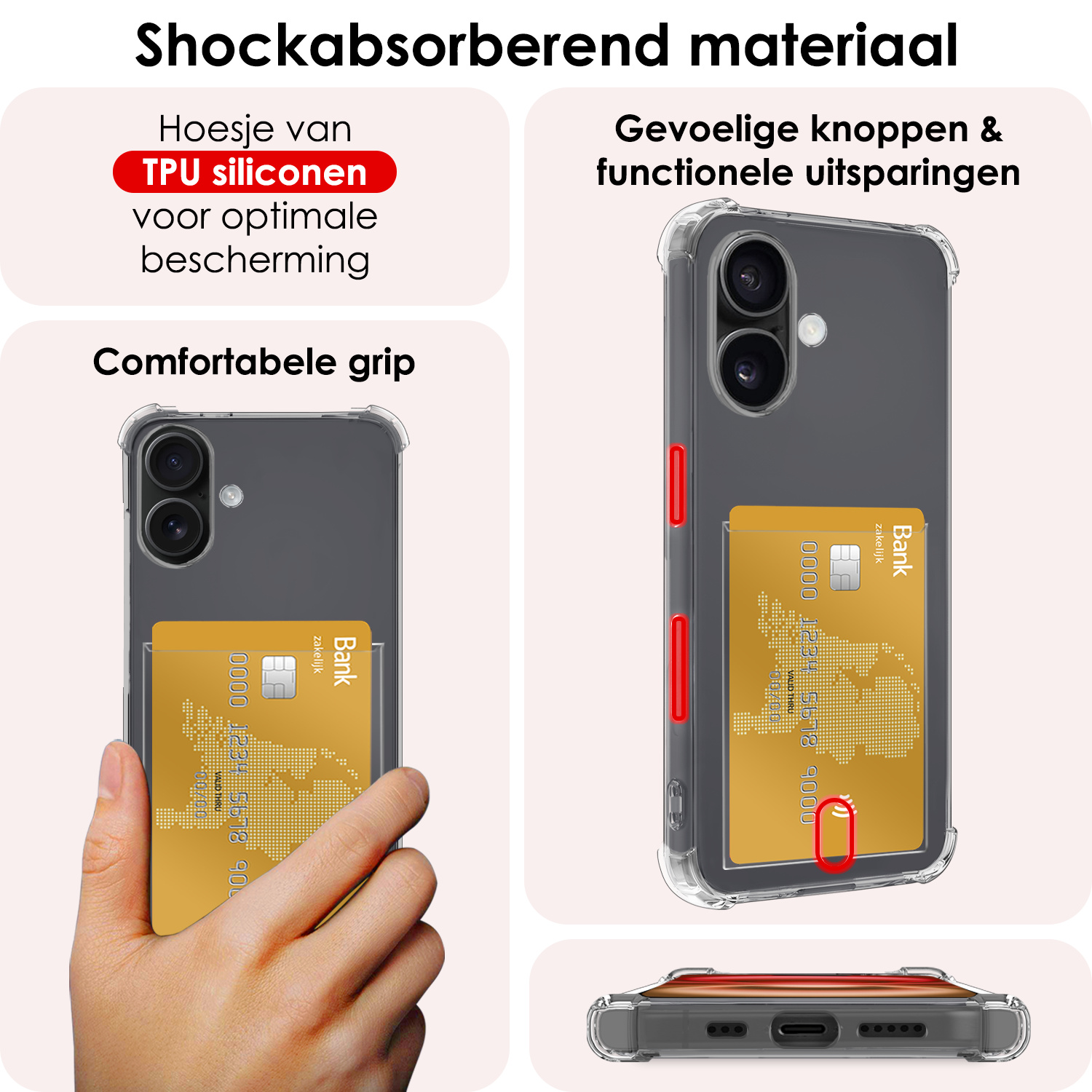 NoXx Hoes Geschikt voor iPhone 16 Plus Hoesje Pasjeshouder Cover Shock Proof Case Siliconen Hoes Met Kaarthouder Met 2x Screenprotector - Transparant