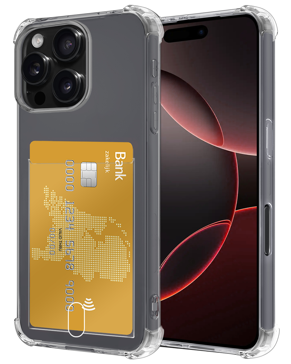 NoXx Hoes Geschikt voor iPhone 16 Pro Hoesje Pasjeshouder Cover Shock Proof Case Siliconen Hoes Met Kaarthouder - Transparant