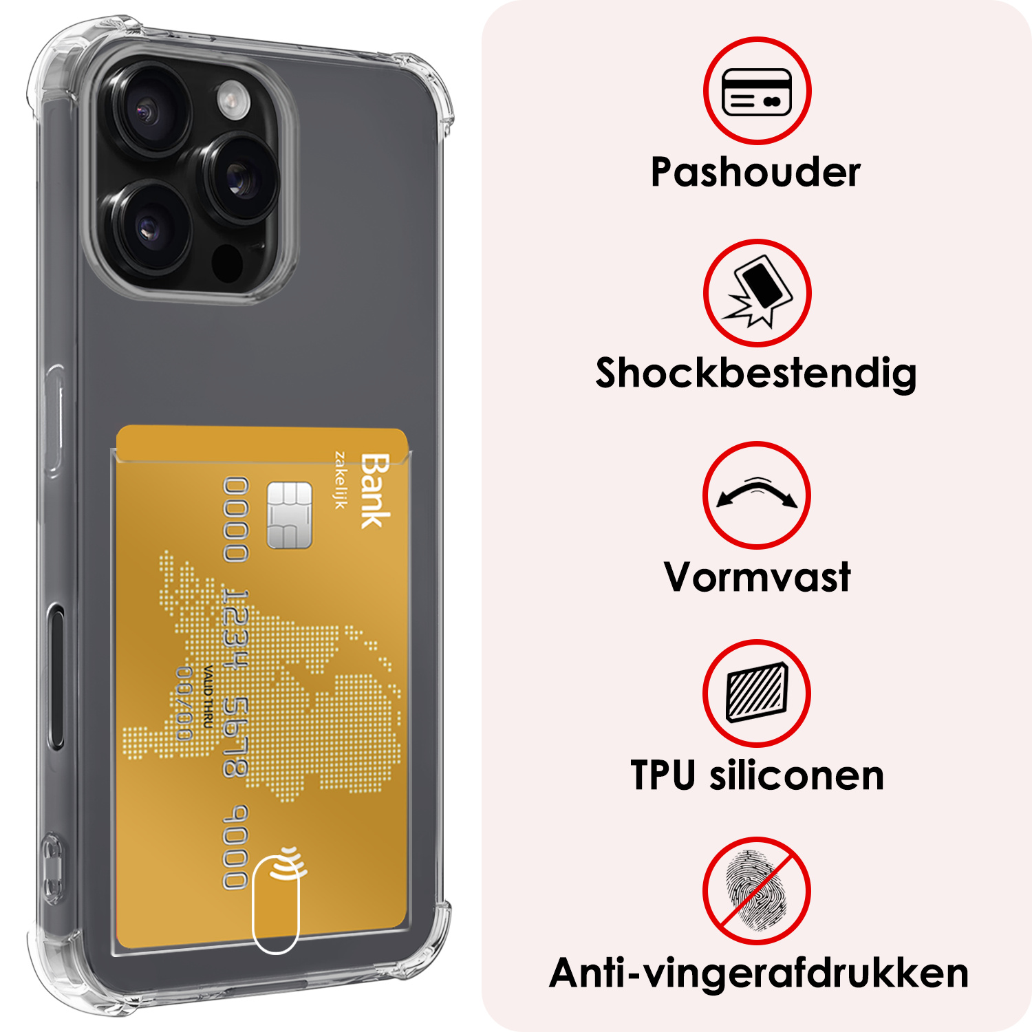 NoXx Hoes Geschikt voor iPhone 16 Pro Hoesje Pasjeshouder Cover Shock Proof Case Siliconen Hoes Met Kaarthouder - Transparant