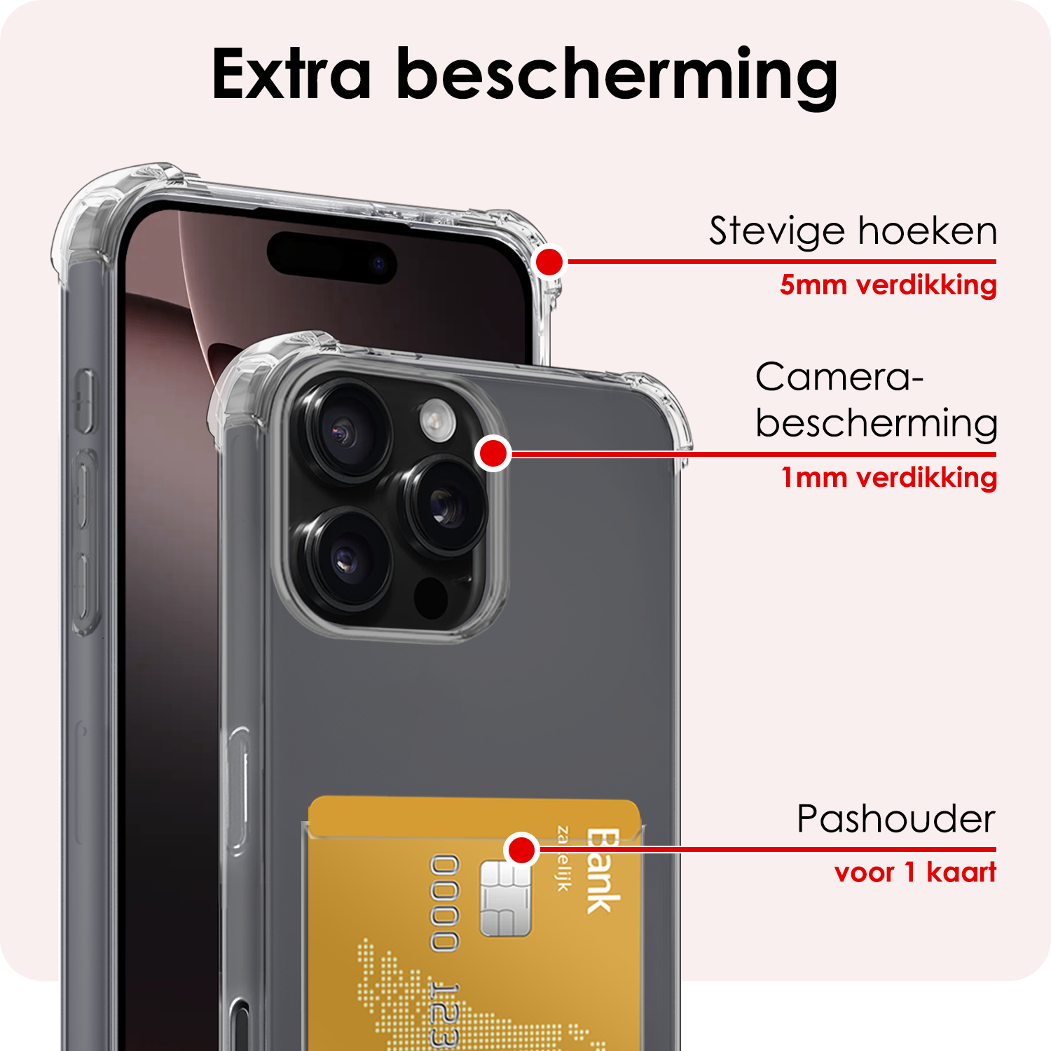 NoXx Hoes Geschikt voor iPhone 16 Pro Hoesje Pasjeshouder Cover Shock Proof Case Siliconen Hoes Met Kaarthouder - Transparant
