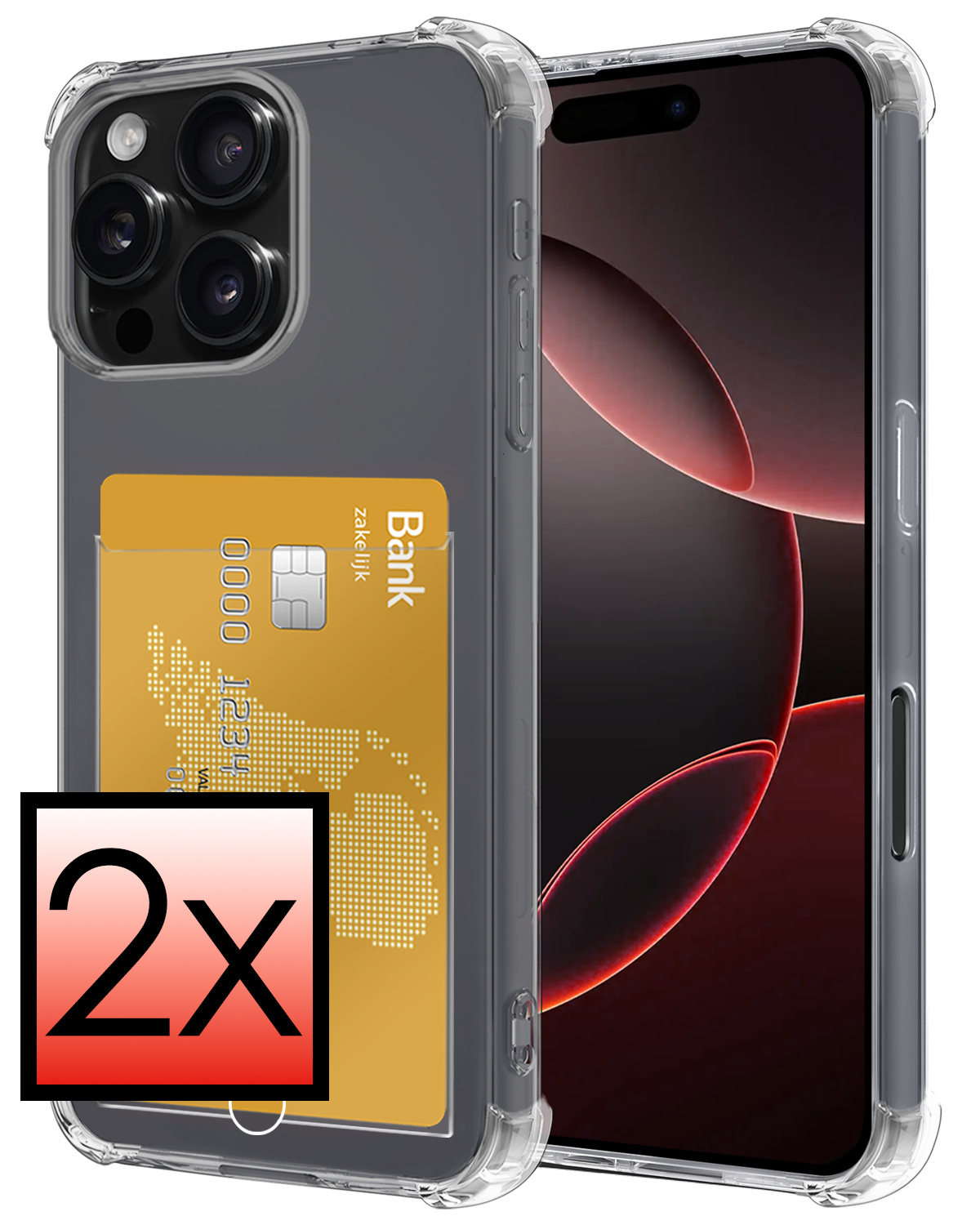NoXx Hoes Geschikt voor iPhone 16 Pro Hoesje Pasjeshouder Cover Shock Proof Case Siliconen Hoes Met Kaarthouder - Transparant - 2x