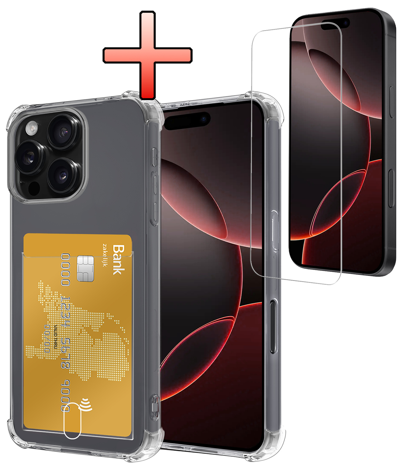 NoXx Hoes Geschikt voor iPhone 16 Pro Hoesje Pasjeshouder Cover Shock Proof Case Siliconen Hoes Met Kaarthouder Met Screenprotector - Transparant