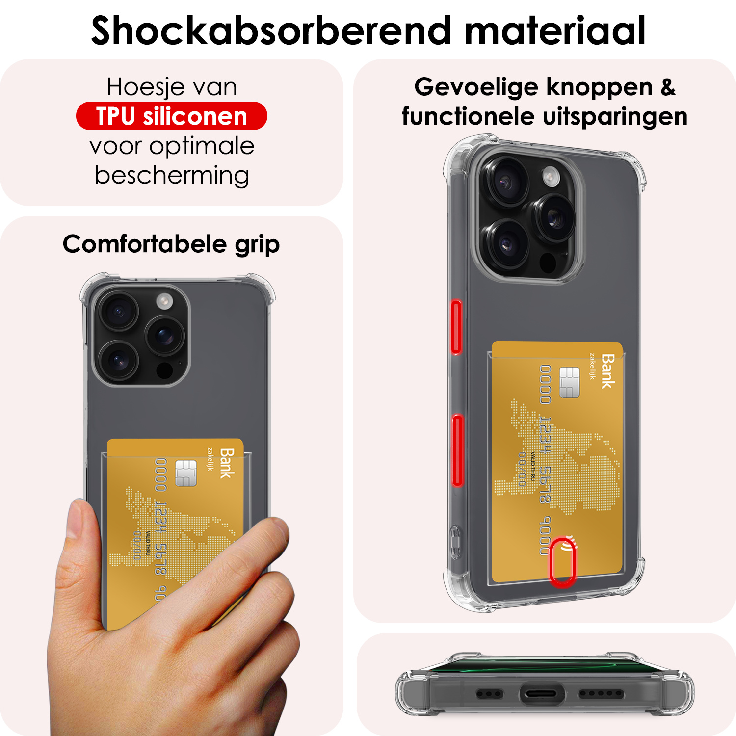 NoXx Hoes Geschikt voor iPhone 16 Pro Hoesje Pasjeshouder Cover Shock Proof Case Siliconen Hoes Met Kaarthouder Met Screenprotector - Transparant