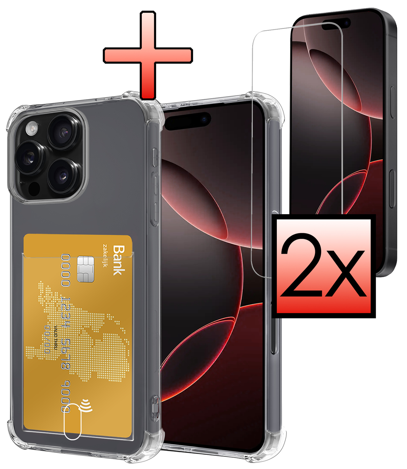 NoXx Hoes Geschikt voor iPhone 16 Pro Hoesje Pasjeshouder Cover Shock Proof Case Siliconen Hoes Met Kaarthouder Met 2x Screenprotector - Transparant