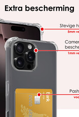 NoXx Hoes Geschikt voor iPhone 16 Pro Max Hoesje Pasjeshouder Cover Shock Proof Case Siliconen Hoes Met Kaarthouder Met Screenprotector - Transparant