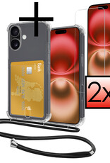 NoXx Hoes Geschikt voor iPhone 16 Hoesje Pasjeshouder Cover Met Koord Shock Proof Case Siliconen Hoes Met Telefoonkoord en Kaarthouder Met 2x Screenprotector - Transparant