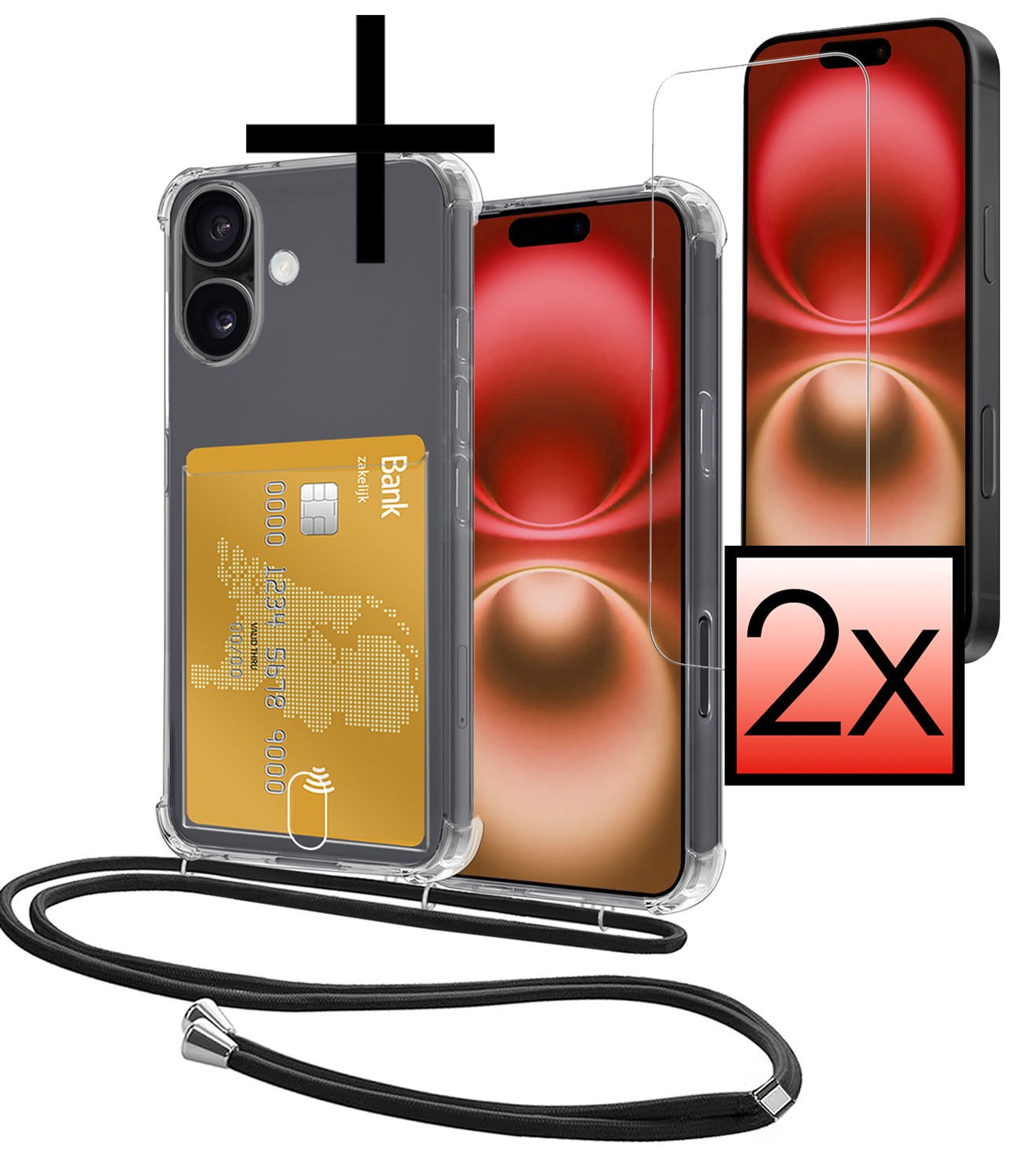 NoXx Hoes Geschikt voor iPhone 16 Hoesje Pasjeshouder Cover Met Koord Shock Proof Case Siliconen Hoes Met Telefoonkoord en Kaarthouder Met 2x Screenprotector - Transparant