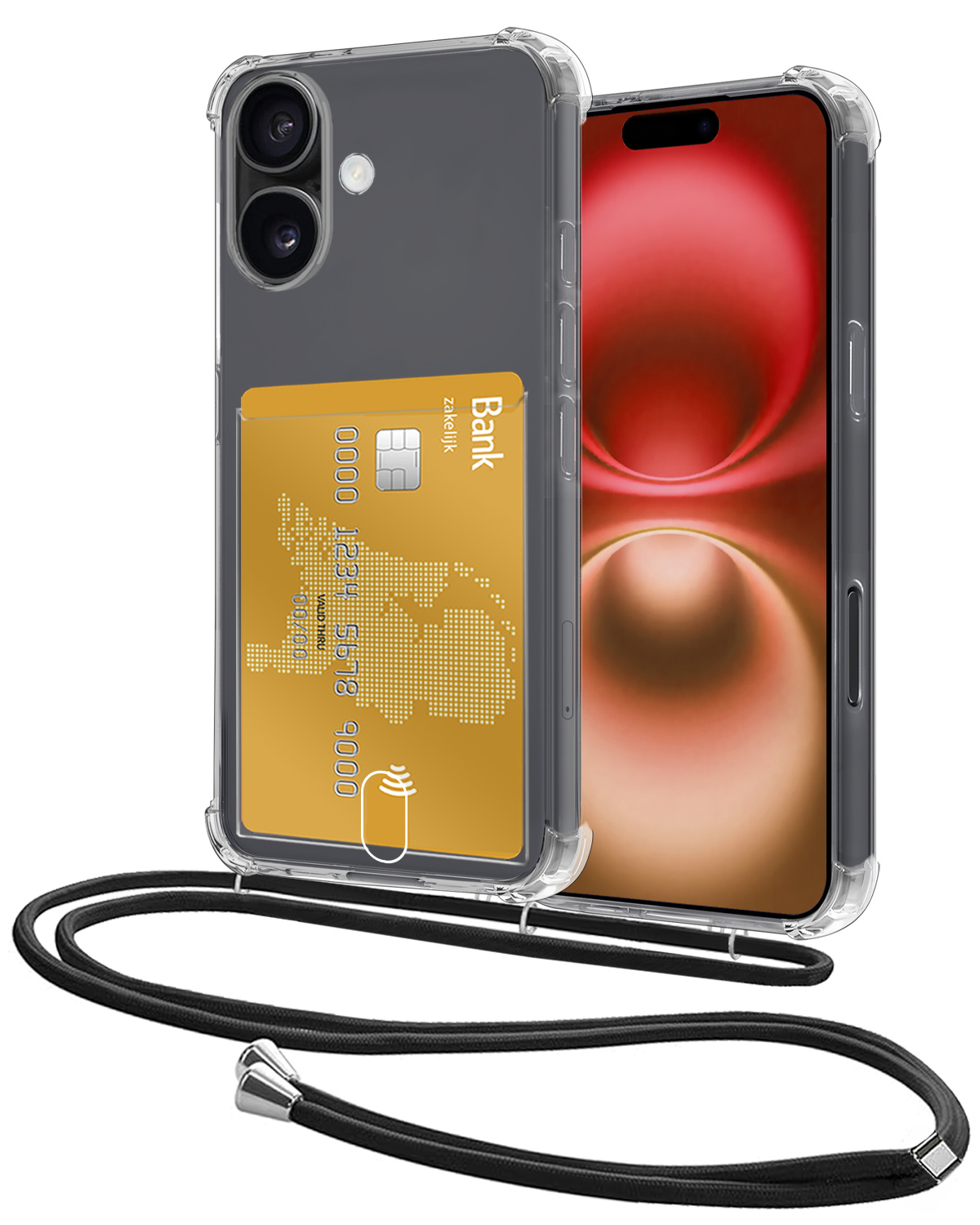 NoXx Hoes Geschikt voor iPhone 16 Plus Hoesje Pasjeshouder Cover Met Koord Shock Proof Case Siliconen Hoes Met Telefoonkoord en Kaarthouder - Transparant