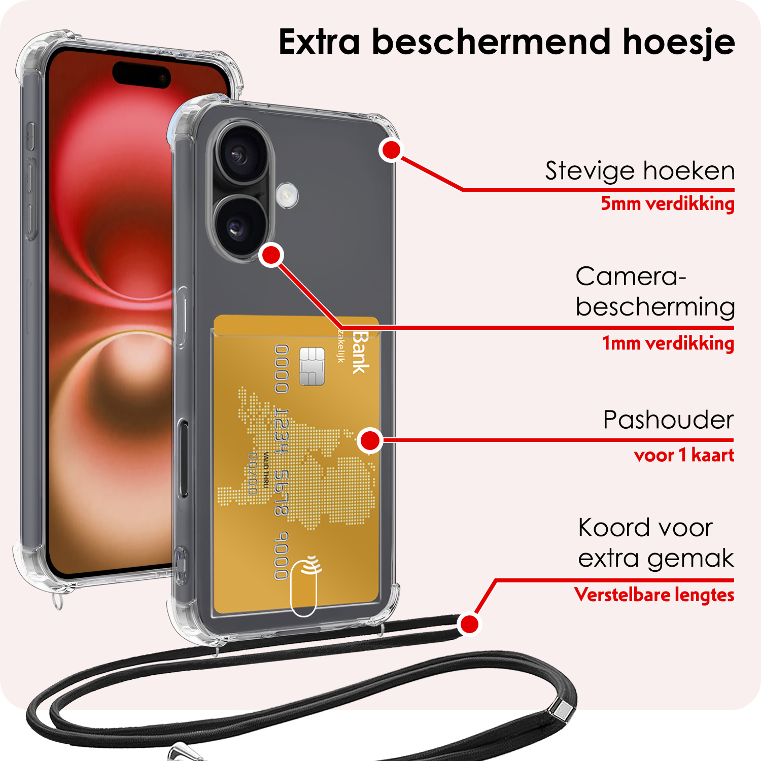 NoXx Hoes Geschikt voor iPhone 16 Plus Hoesje Pasjeshouder Cover Met Koord Shock Proof Case Siliconen Hoes Met Telefoonkoord en Kaarthouder - Transparant