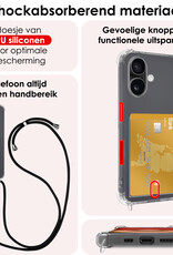 NoXx Hoes Geschikt voor iPhone 16 Plus Hoesje Pasjeshouder Cover Met Koord Shock Proof Case Siliconen Hoes Met Telefoonkoord en Kaarthouder - Transparant