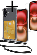 NoXx Hoes Geschikt voor iPhone 16 Plus Hoesje Pasjeshouder Cover Met Koord Shock Proof Case Siliconen Hoes Met Telefoonkoord en Kaarthouder Met Screenprotector - Transparant