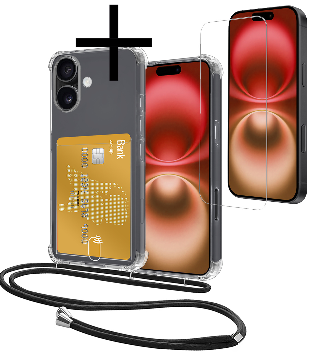 NoXx Hoes Geschikt voor iPhone 16 Plus Hoesje Pasjeshouder Cover Met Koord Shock Proof Case Siliconen Hoes Met Telefoonkoord en Kaarthouder Met Screenprotector - Transparant