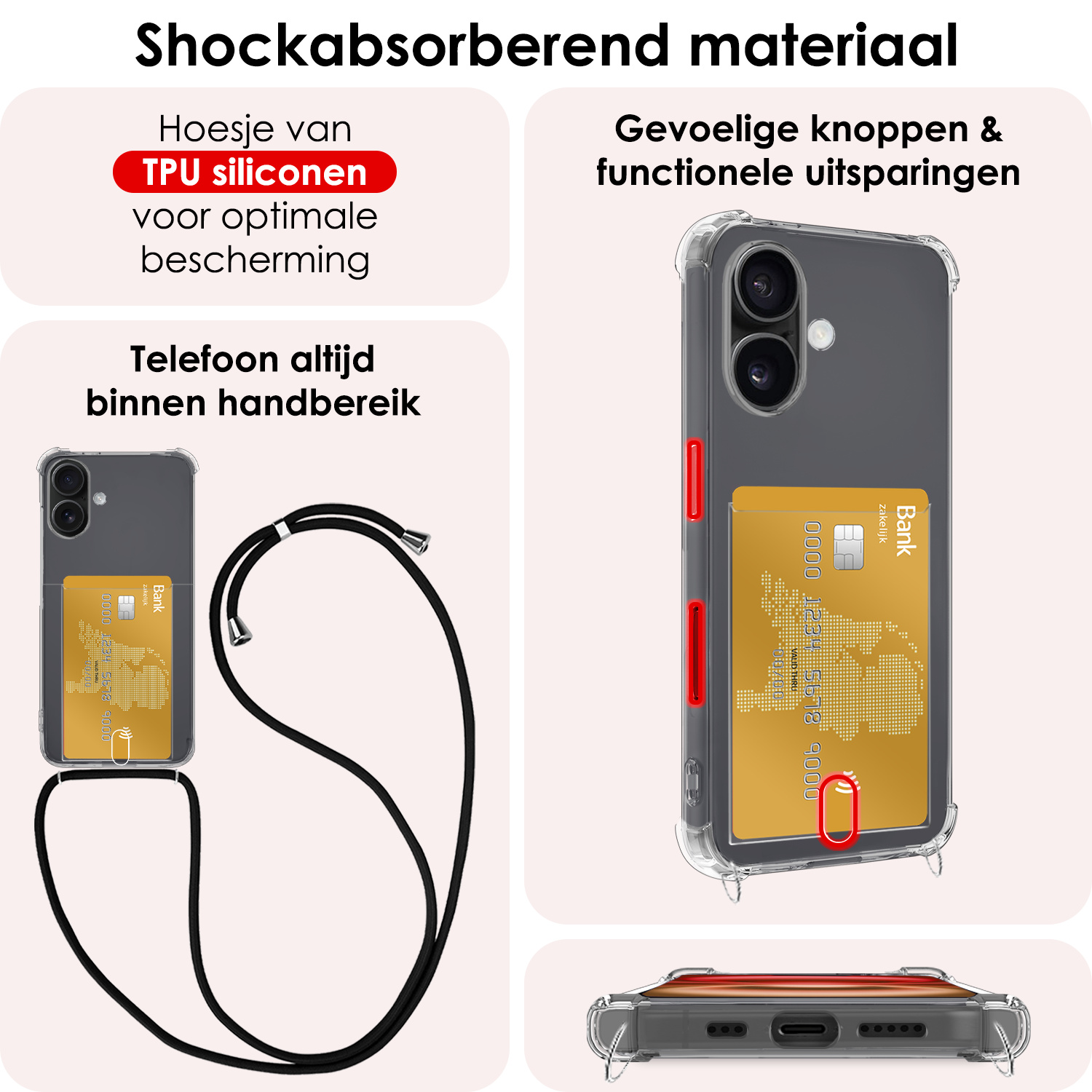 NoXx Hoes Geschikt voor iPhone 16 Plus Hoesje Pasjeshouder Cover Met Koord Shock Proof Case Siliconen Hoes Met Telefoonkoord en Kaarthouder Met 2x Screenprotector - Transparant