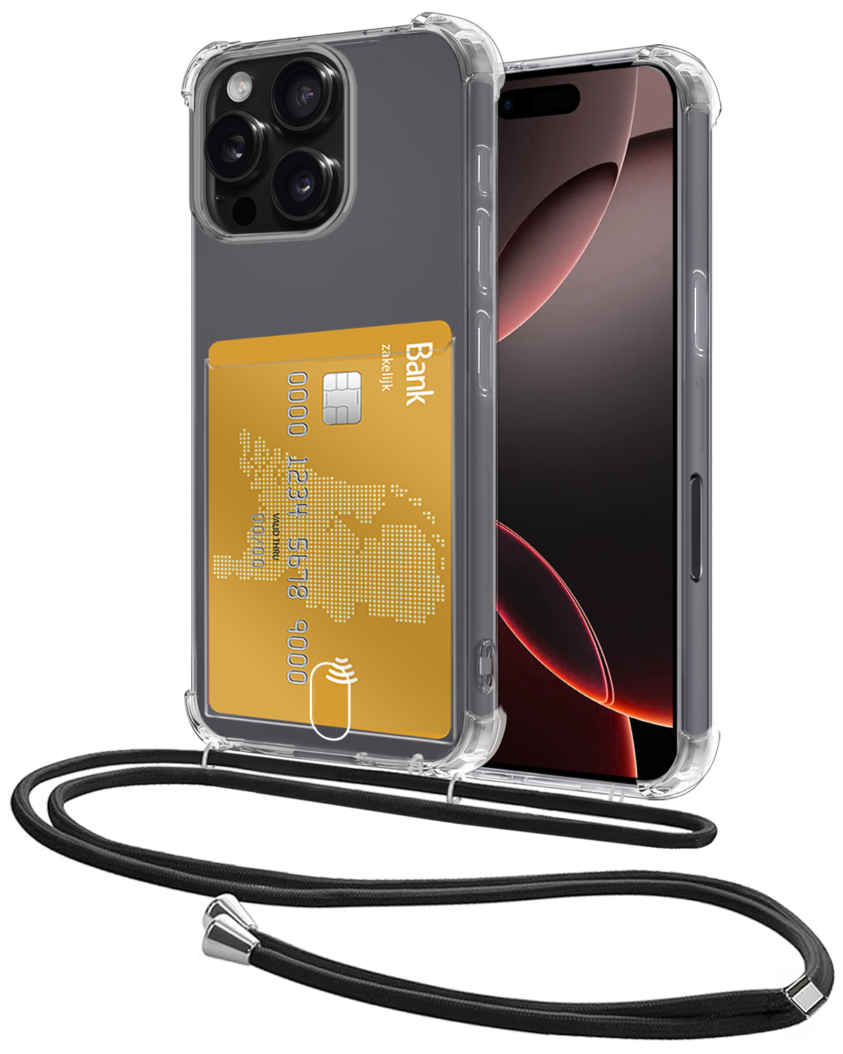 NoXx Hoes Geschikt voor iPhone 16 Pro Hoesje Pasjeshouder Cover Met Koord Shock Proof Case Siliconen Hoes Met Telefoonkoord en Kaarthouder - Transparant