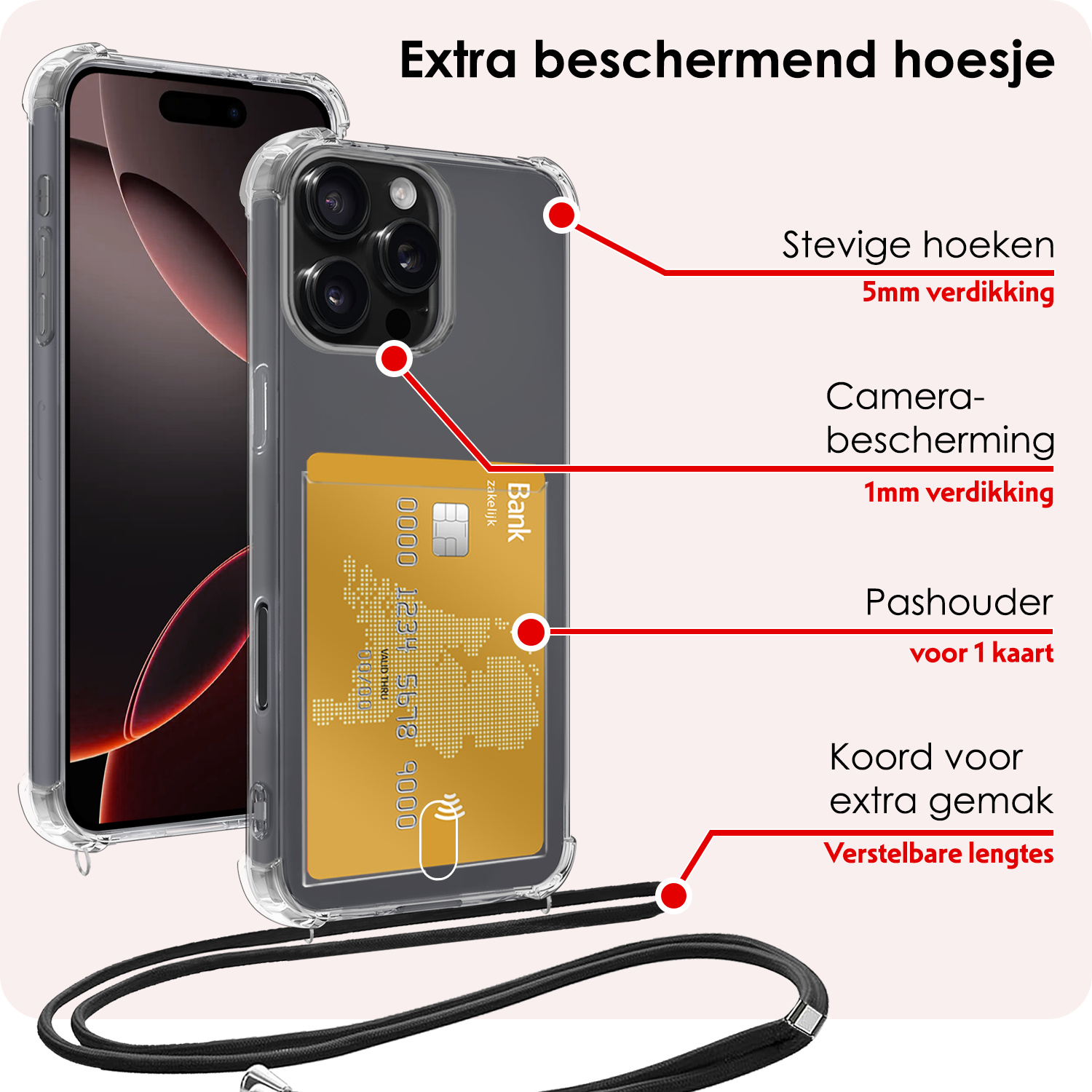 NoXx Hoes Geschikt voor iPhone 16 Pro Hoesje Pasjeshouder Cover Met Koord Shock Proof Case Siliconen Hoes Met Telefoonkoord en Kaarthouder Met 2x Screenprotector - Transparant