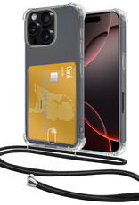 NoXx Hoes Geschikt voor iPhone 16 Pro Max Hoesje Pasjeshouder Cover Met Koord Shock Proof Case Siliconen Hoes Met Telefoonkoord en Kaarthouder - Transparant