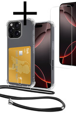 NoXx Hoes Geschikt voor iPhone 16 Pro Max Hoesje Pasjeshouder Cover Met Koord Shock Proof Case Siliconen Hoes Met Telefoonkoord en Kaarthouder Met Screenprotector - Transparant