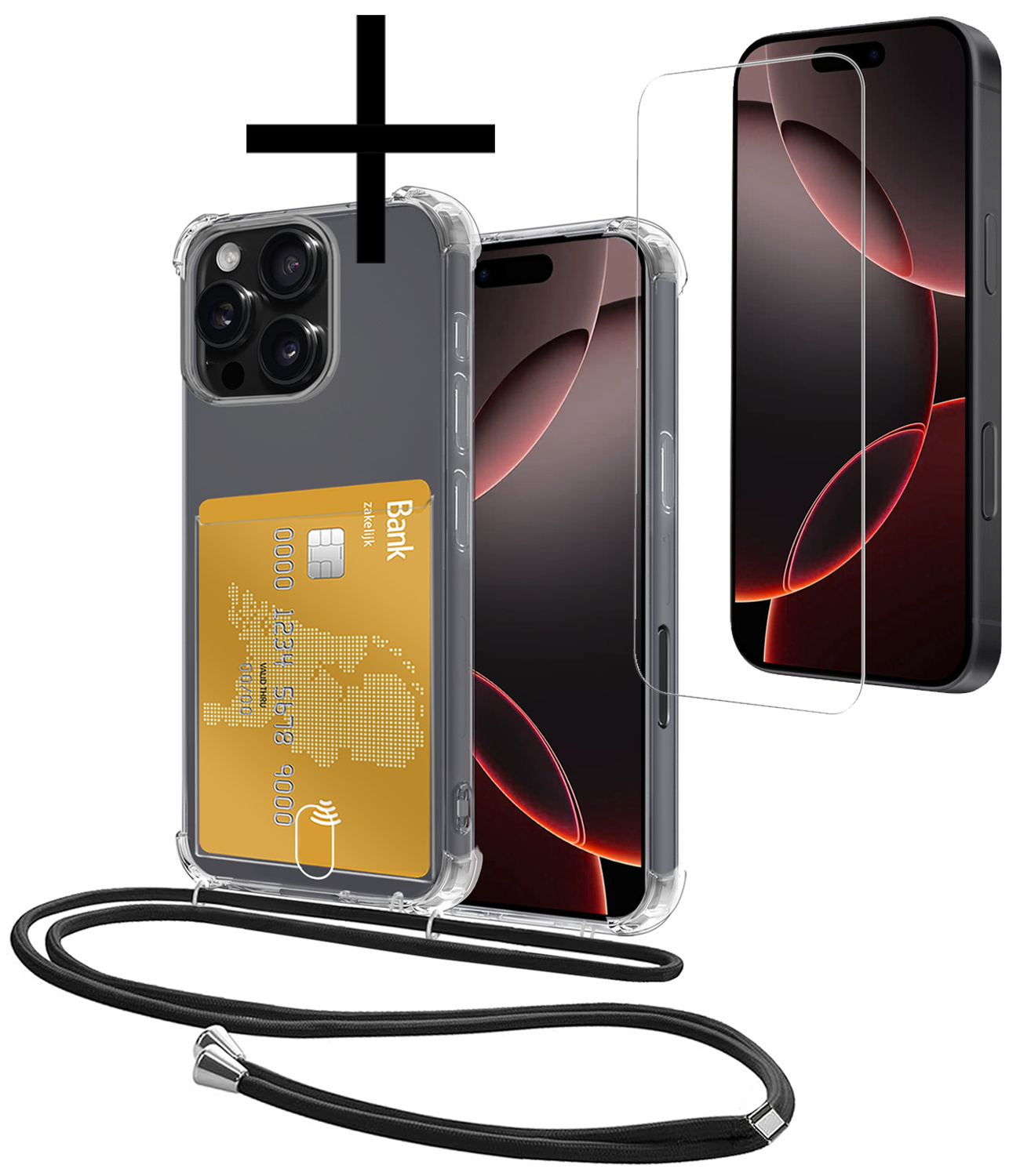NoXx Hoes Geschikt voor iPhone 16 Pro Max Hoesje Pasjeshouder Cover Met Koord Shock Proof Case Siliconen Hoes Met Telefoonkoord en Kaarthouder Met Screenprotector - Transparant