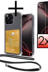 NoXx Hoes Geschikt voor iPhone 16 Pro Max Hoesje Pasjeshouder Cover Met Koord Shock Proof Case Siliconen Hoes Met Telefoonkoord en Kaarthouder Met 2x Screenprotector - Transparant