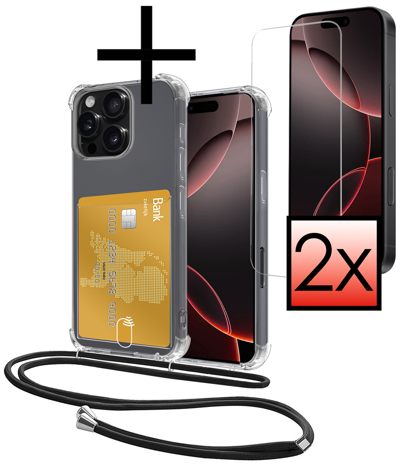 NoXx Hoes Geschikt voor iPhone 16 Pro Max Hoesje Pasjeshouder Cover Met Koord Shock Proof Case Siliconen Hoes Met Telefoonkoord en Kaarthouder Met 2x Screenprotector - Transparant
