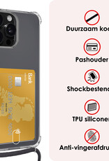 NoXx Hoes Geschikt voor iPhone 16 Pro Max Hoesje Pasjeshouder Cover Met Koord Shock Proof Case Siliconen Hoes Met Telefoonkoord en Kaarthouder Met 2x Screenprotector - Transparant