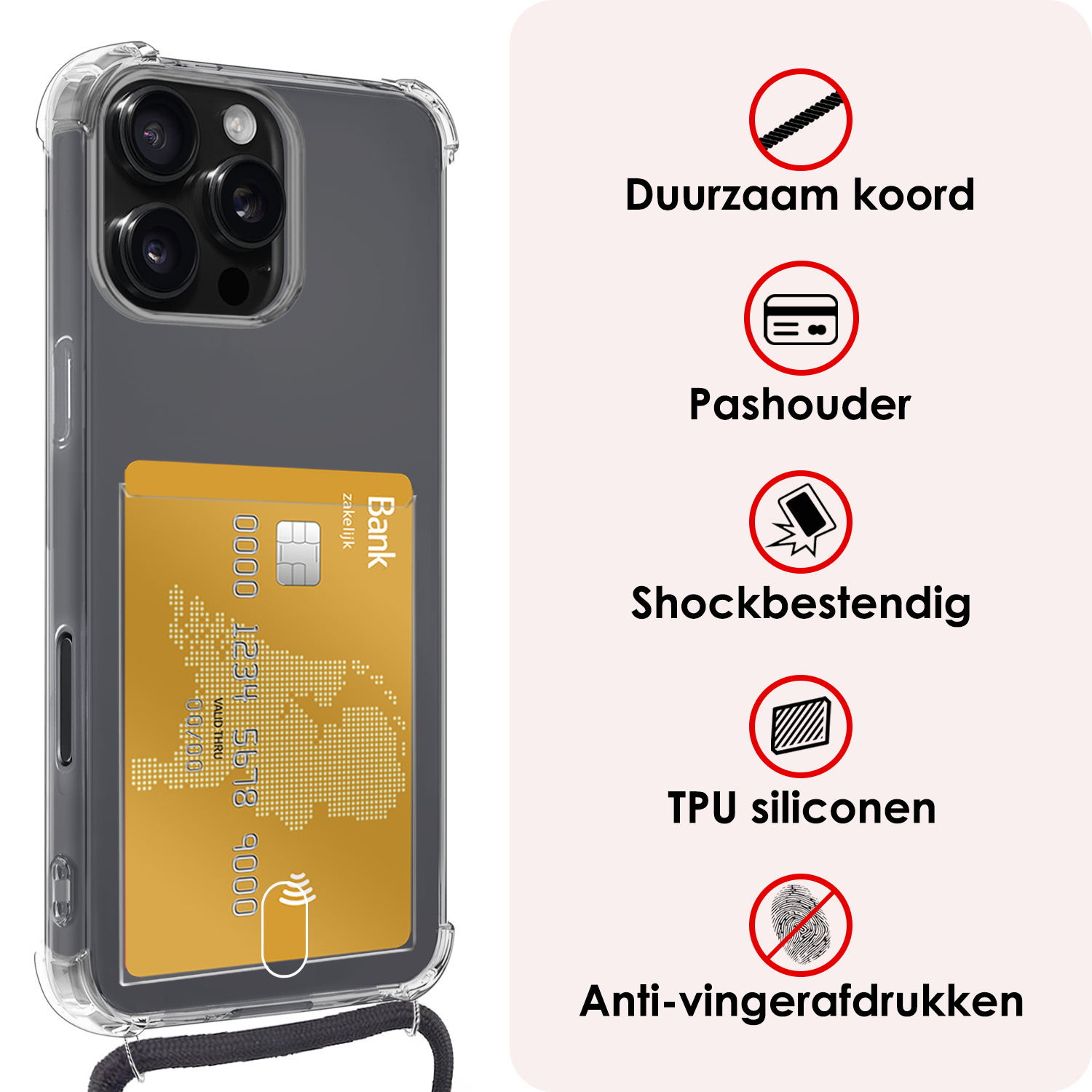 NoXx Hoes Geschikt voor iPhone 16 Pro Max Hoesje Pasjeshouder Cover Met Koord Shock Proof Case Siliconen Hoes Met Telefoonkoord en Kaarthouder Met 2x Screenprotector - Transparant