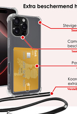 NoXx Hoes Geschikt voor iPhone 16 Pro Max Hoesje Pasjeshouder Cover Met Koord Shock Proof Case Siliconen Hoes Met Telefoonkoord en Kaarthouder Met 2x Screenprotector - Transparant