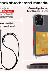 NoXx Hoes Geschikt voor iPhone 16 Pro Max Hoesje Pasjeshouder Cover Met Koord Shock Proof Case Siliconen Hoes Met Telefoonkoord en Kaarthouder Met 2x Screenprotector - Transparant