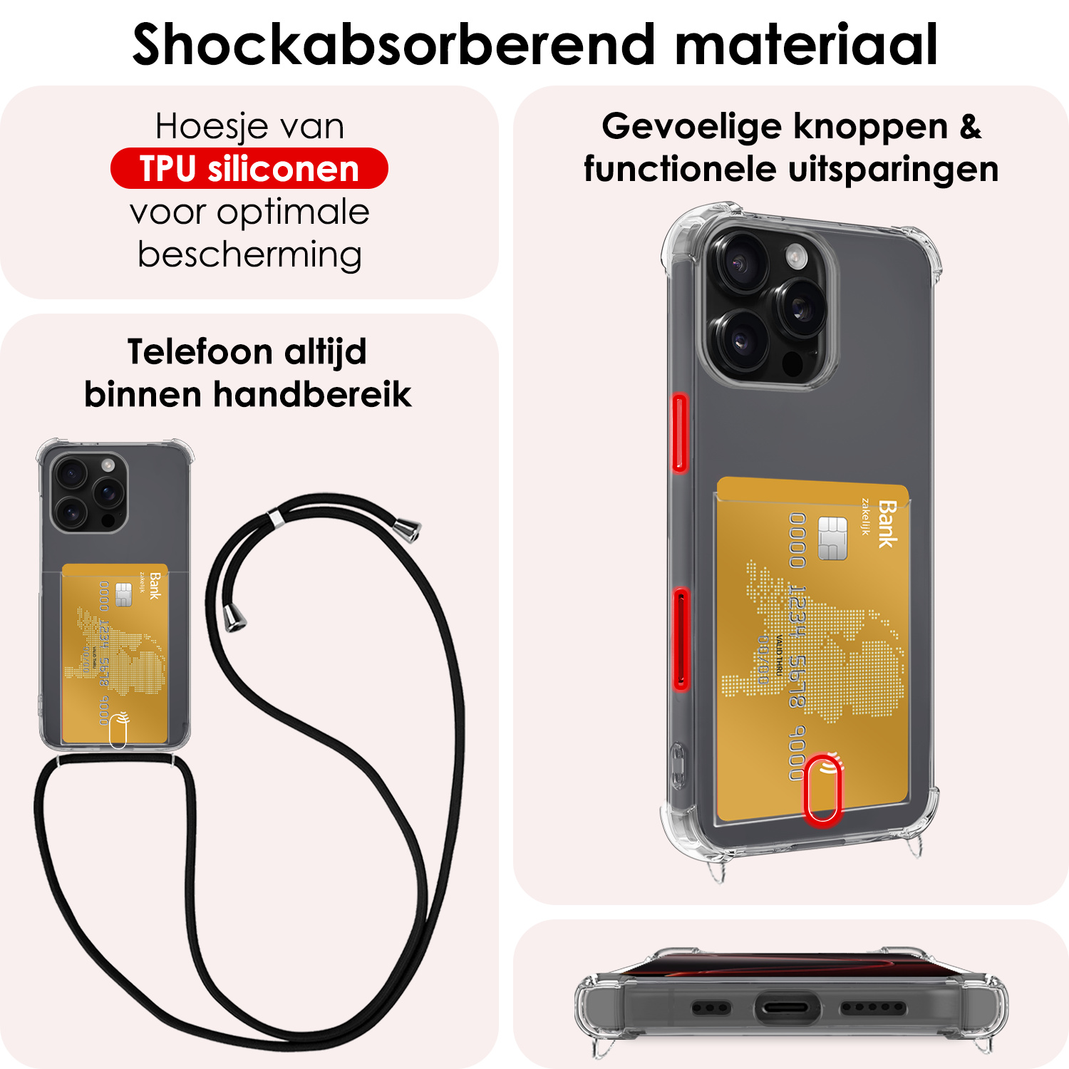 NoXx Hoes Geschikt voor iPhone 16 Pro Max Hoesje Pasjeshouder Cover Met Koord Shock Proof Case Siliconen Hoes Met Telefoonkoord en Kaarthouder Met 2x Screenprotector - Transparant