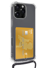 NoXx Hoes Geschikt voor iPhone 16 Pro Max Hoesje Pasjeshouder Cover Met Koord Shock Proof Case Siliconen Hoes Met Telefoonkoord en Kaarthouder Met 2x Screenprotector - Transparant