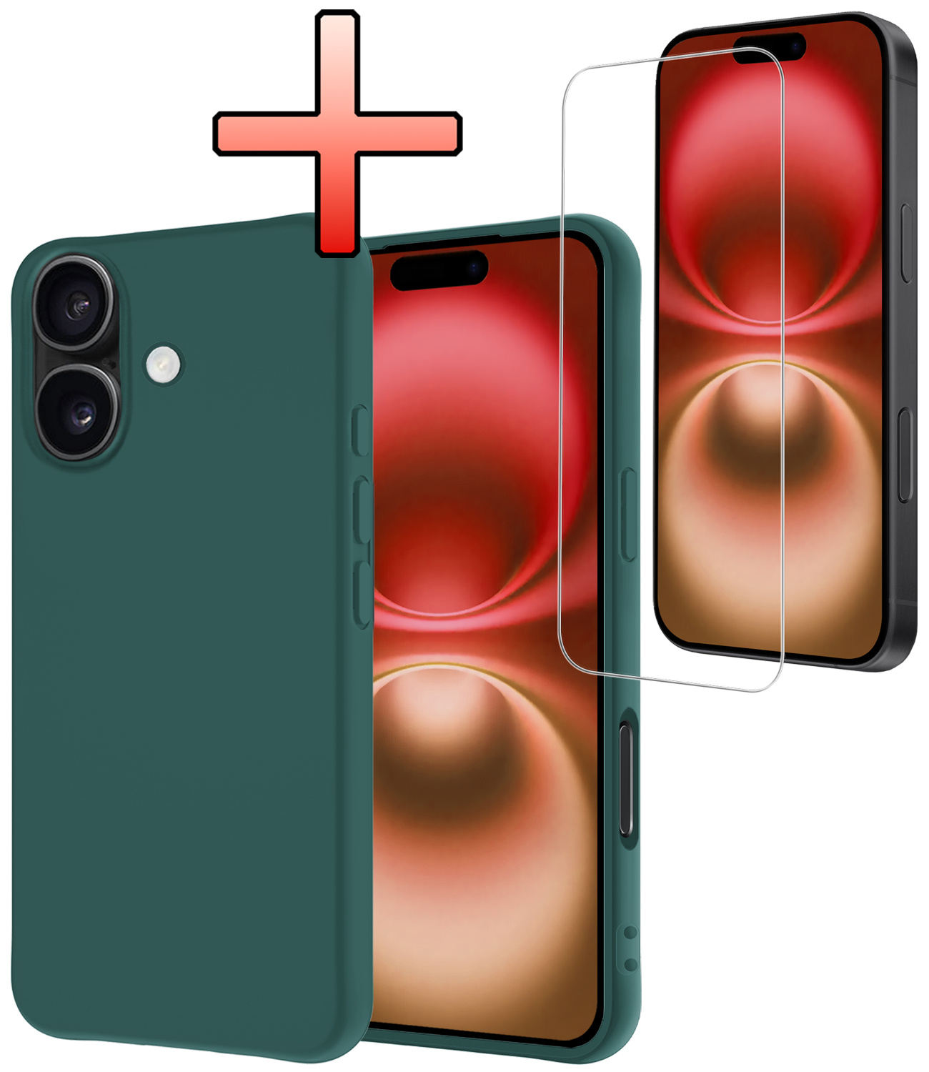 NoXx Hoes Geschikt voor iPhone 16 Hoesje Cover Siliconen Back Case Hoes Met Screenprotector - Donkergroen