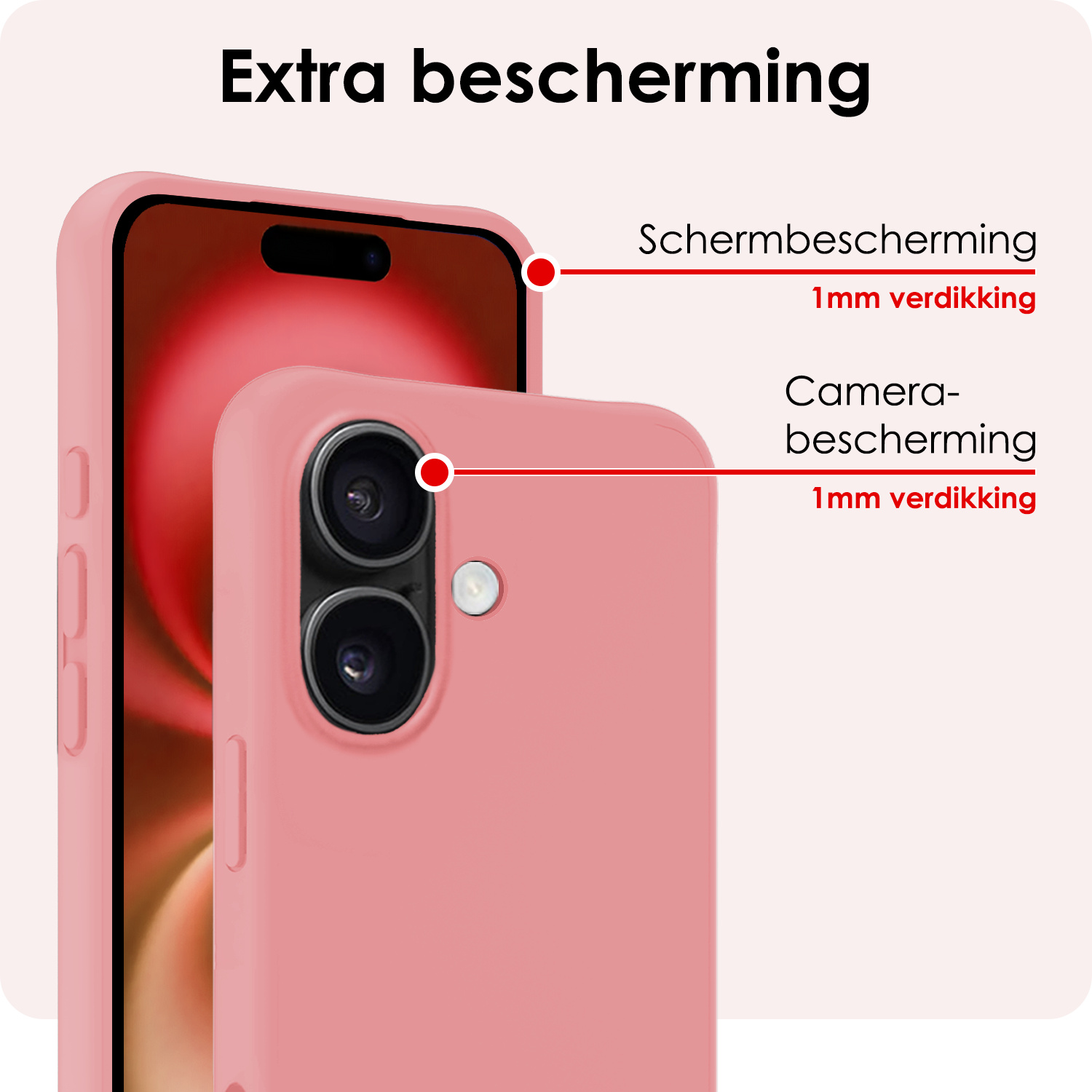 NoXx Hoes Geschikt voor iPhone 16 Hoesje Cover Siliconen Back Case Hoes Met Screenprotector - Lichtroze