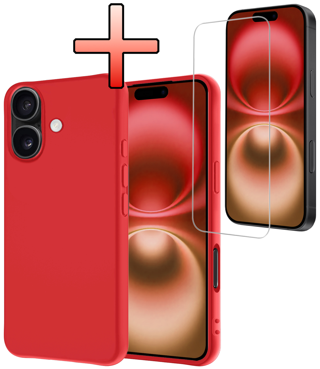 NoXx Hoes Geschikt voor iPhone 16 Hoesje Cover Siliconen Back Case Hoes Met Screenprotector - Rood