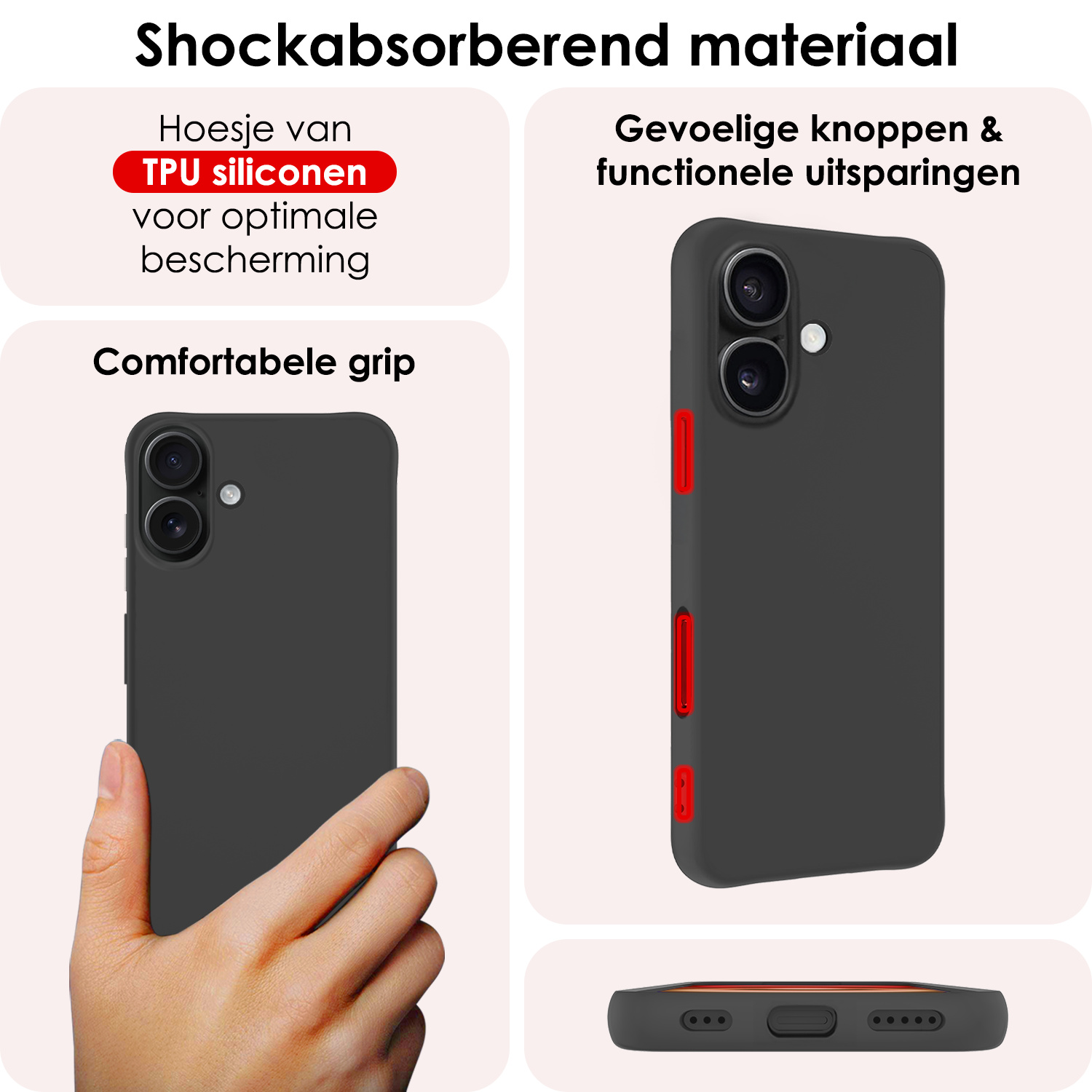 NoXx Hoes Geschikt voor iPhone 16 Hoesje Cover Siliconen Back Case Hoes Met Screenprotector - Zwart