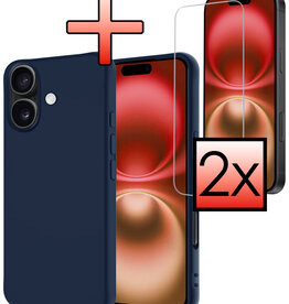 NoXx NoXx iPhone 16 Hoesje Siliconen Met 2x Screenprotector Met Dichte Notch - Donkerblauw