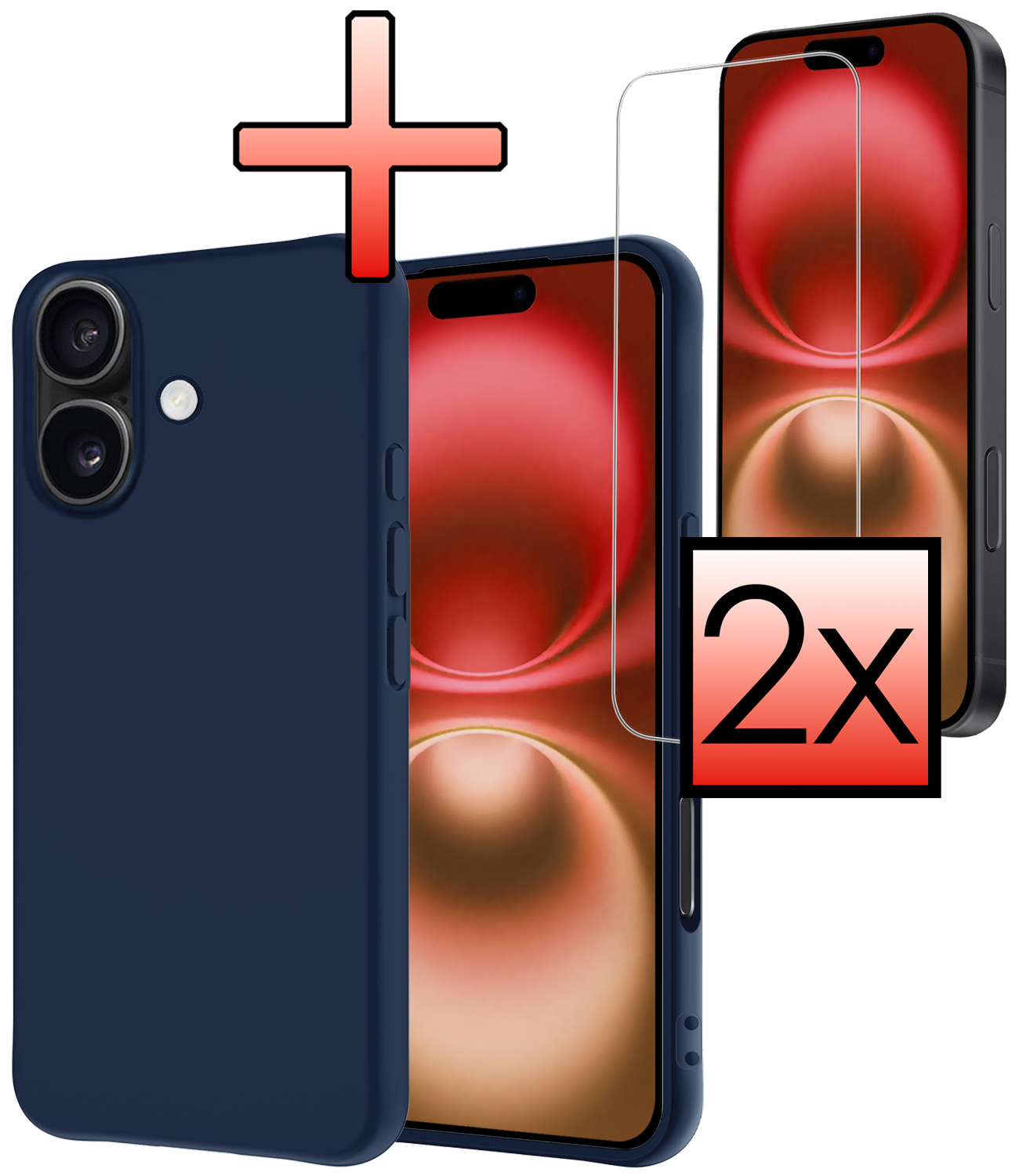 NoXx Hoes Geschikt voor iPhone 16 Hoesje Cover Siliconen Back Case Hoes Met 2x Screenprotector - Donkerblauw