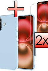 NoXx Hoes Geschikt voor iPhone 16 Hoesje Cover Siliconen Back Case Hoes Met 2x Screenprotector - Lichtblauw
