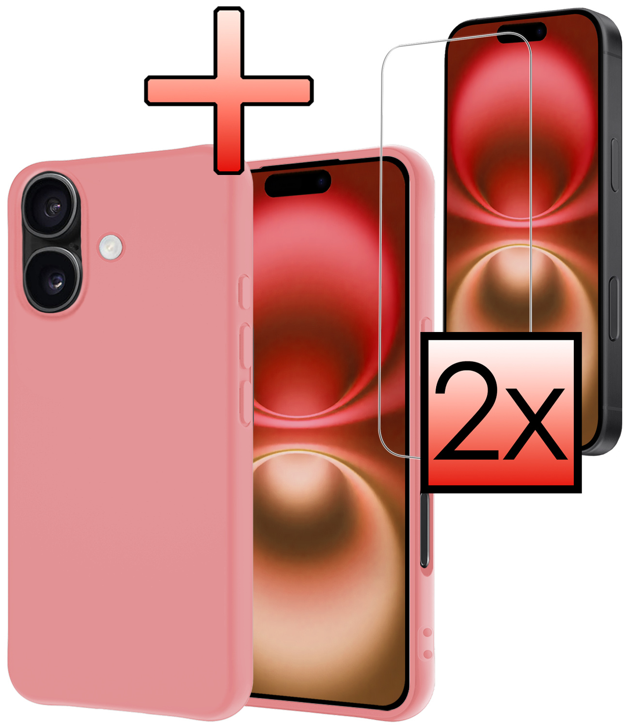 NoXx Hoes Geschikt voor iPhone 16 Hoesje Cover Siliconen Back Case Hoes Met 2x Screenprotector - Lichtroze