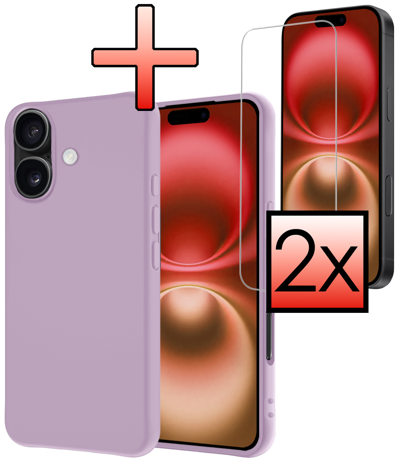 NoXx Hoes Geschikt voor iPhone 16 Hoesje Cover Siliconen Back Case Hoes Met 2x Screenprotector - Lila