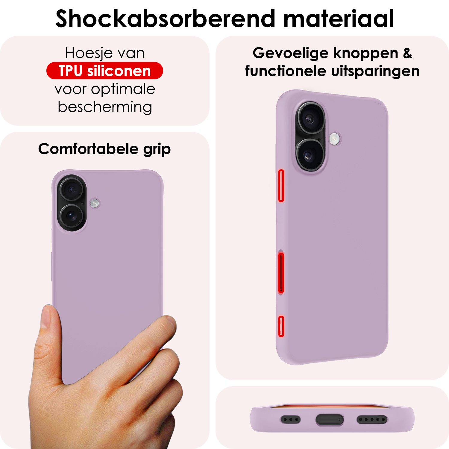 NoXx Hoes Geschikt voor iPhone 16 Hoesje Cover Siliconen Back Case Hoes Met 2x Screenprotector - Lila