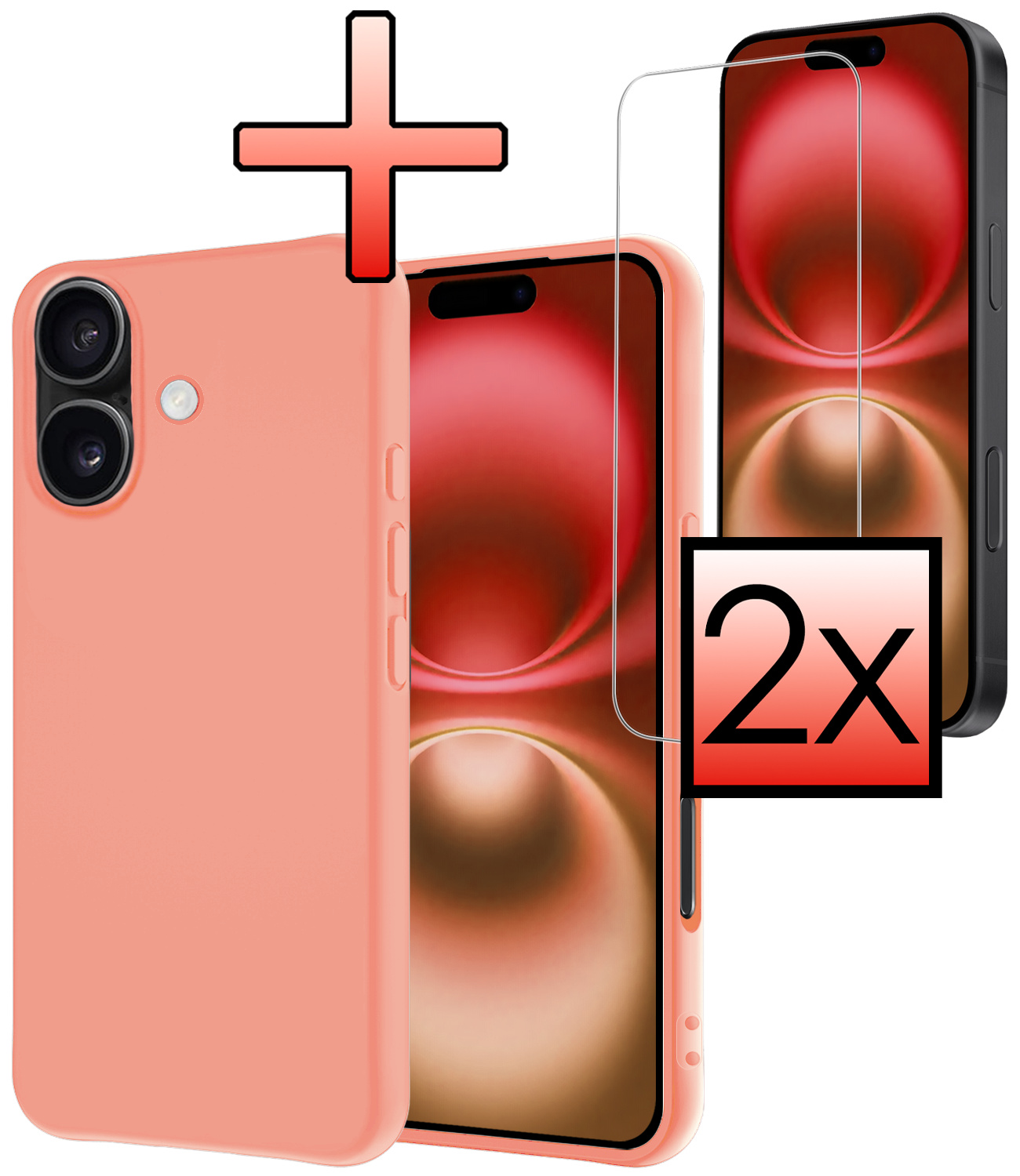 NoXx Hoes Geschikt voor iPhone 16 Hoesje Cover Siliconen Back Case Hoes Met 2x Screenprotector - Perzik