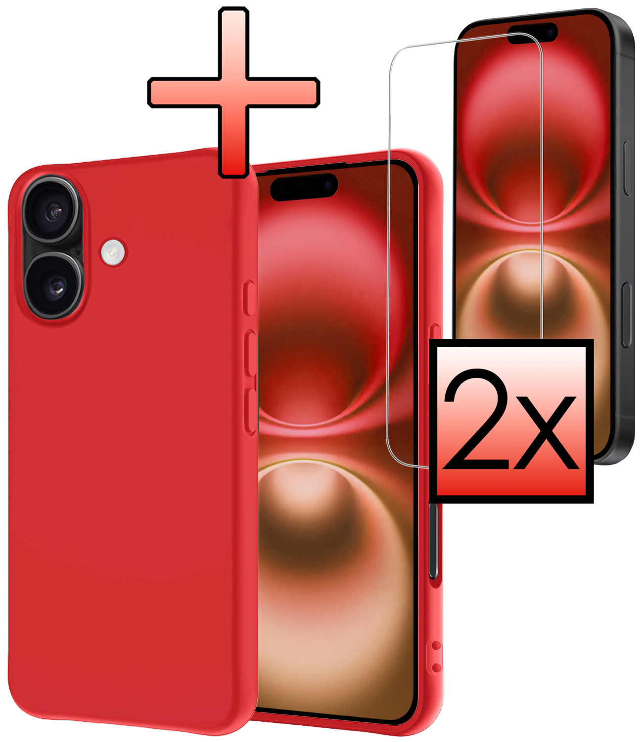 NoXx Hoes Geschikt voor iPhone 16 Hoesje Cover Siliconen Back Case Hoes Met 2x Screenprotector - Rood