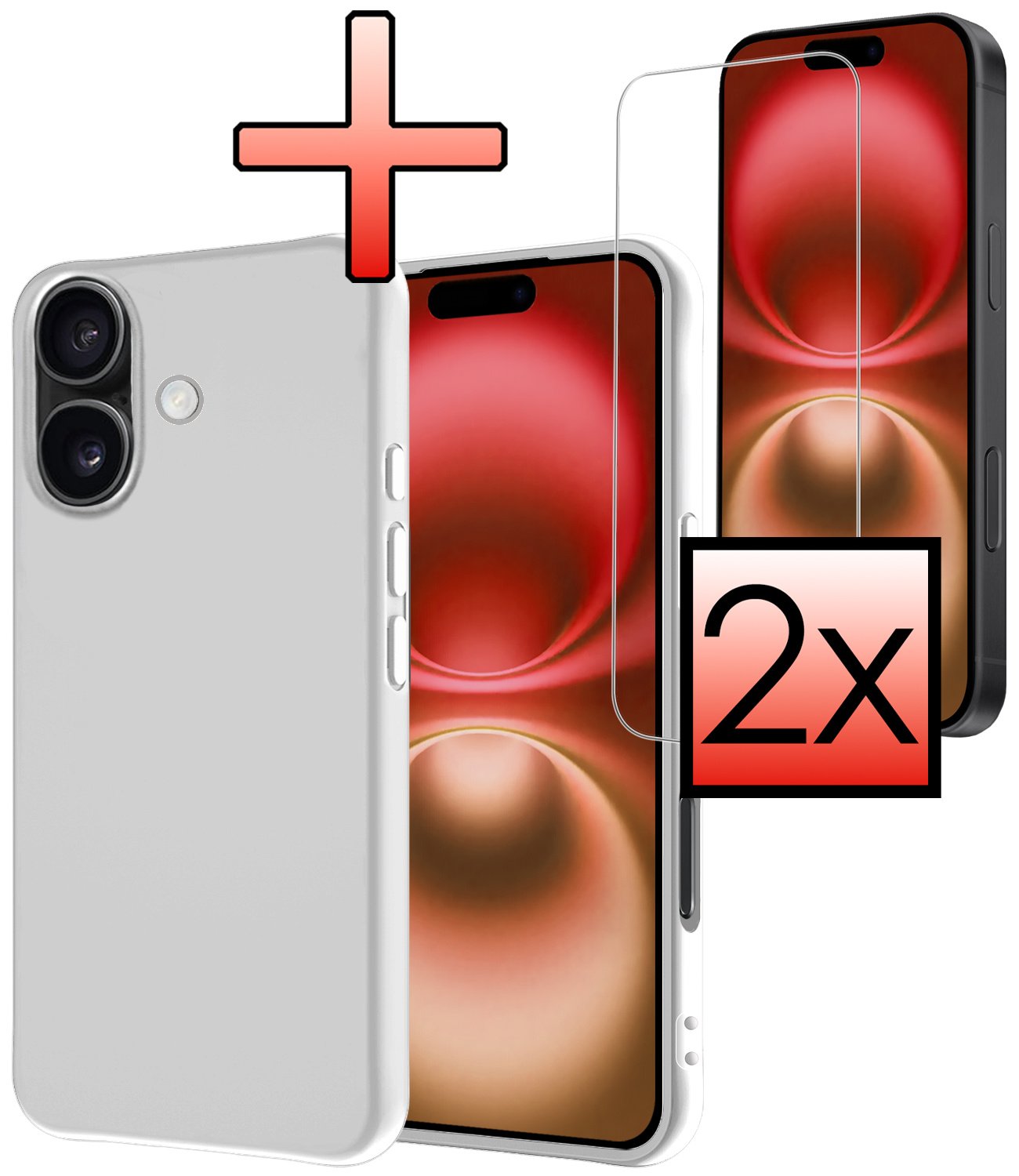 NoXx Hoes Geschikt voor iPhone 16 Hoesje Cover Siliconen Back Case Hoes Met 2x Screenprotector - Wit